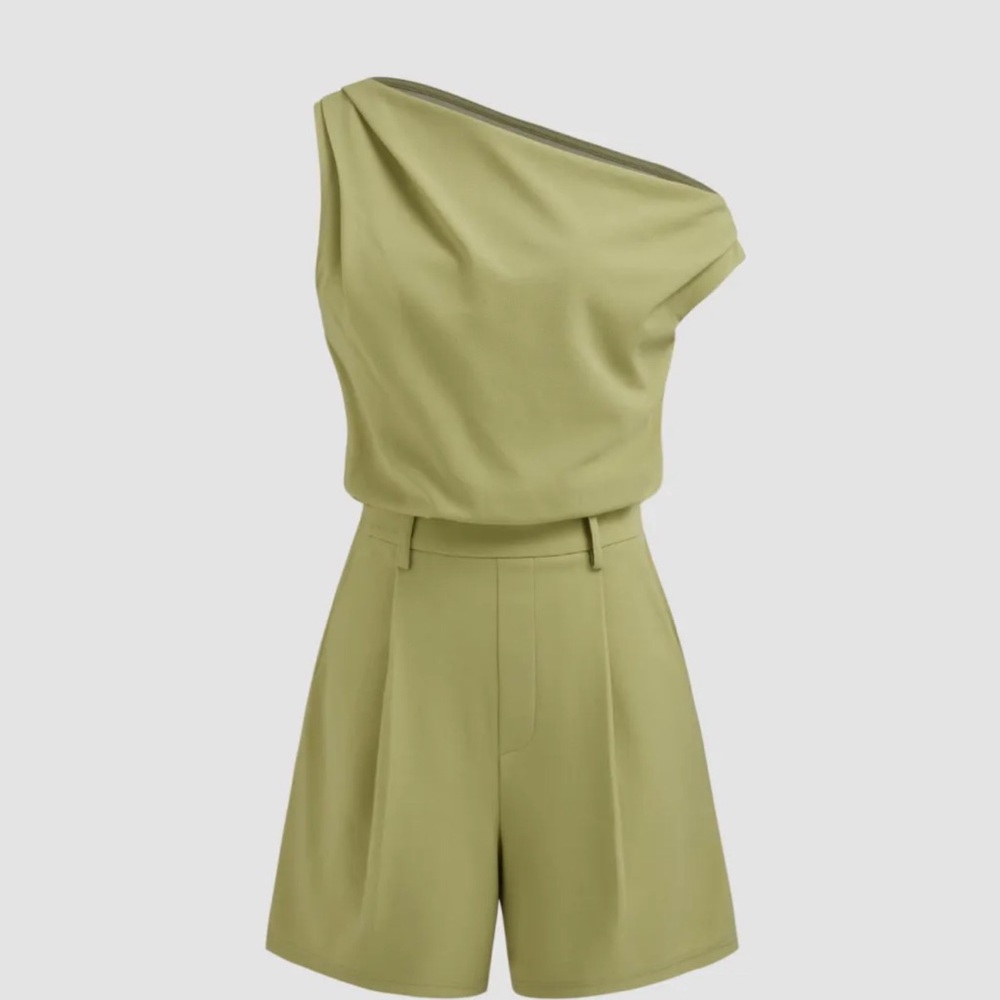 Asymmetrical Neck Solid Pleated Romper - image 1